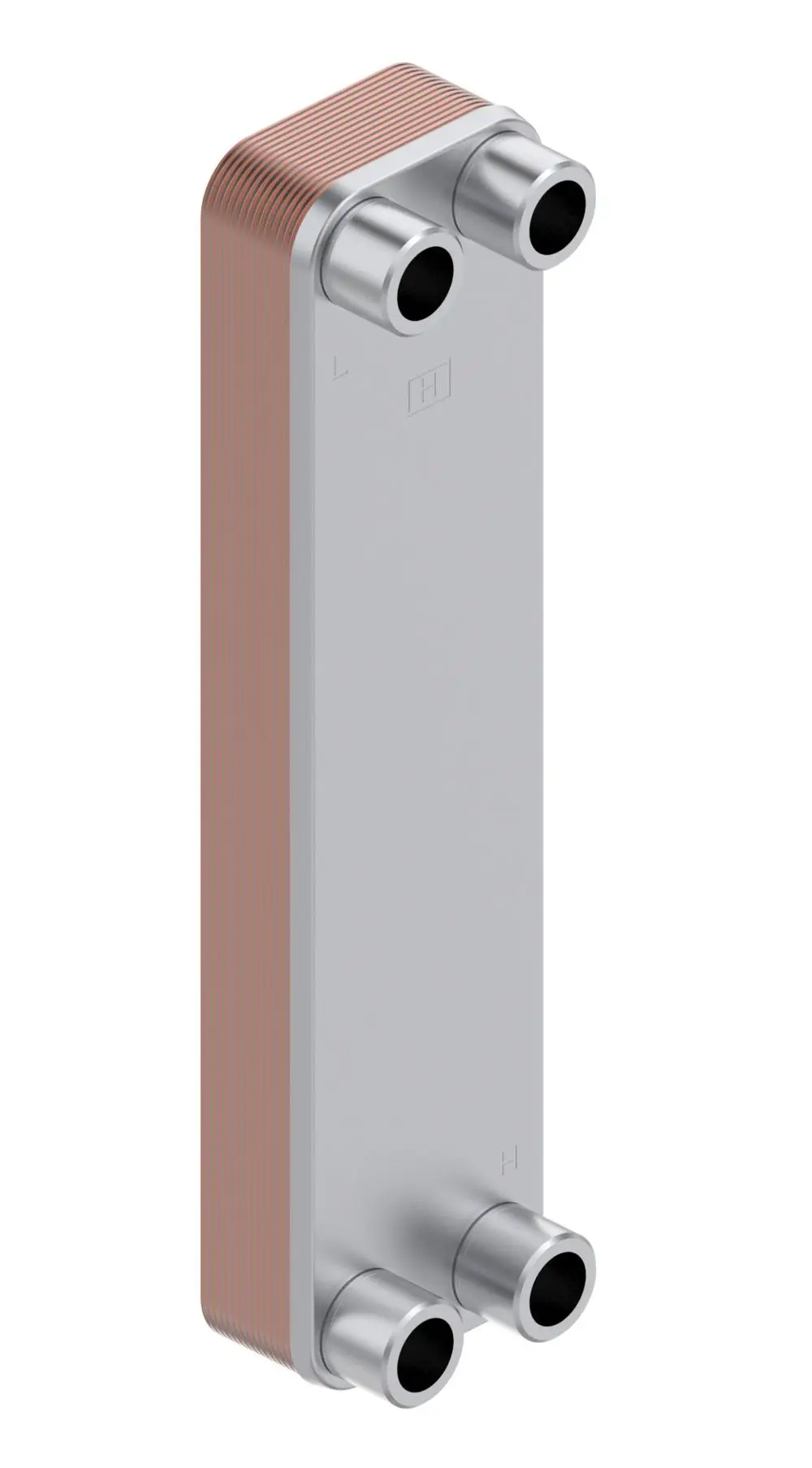 Plattenwärmeübertrager von Danfoss mit mehreren Anschlüssen. Das Produkt hat eine kompakte, rechteckige Form mit einer sichtbaren kupferfarbenen Trennschicht und einer metallischen Oberfläche.